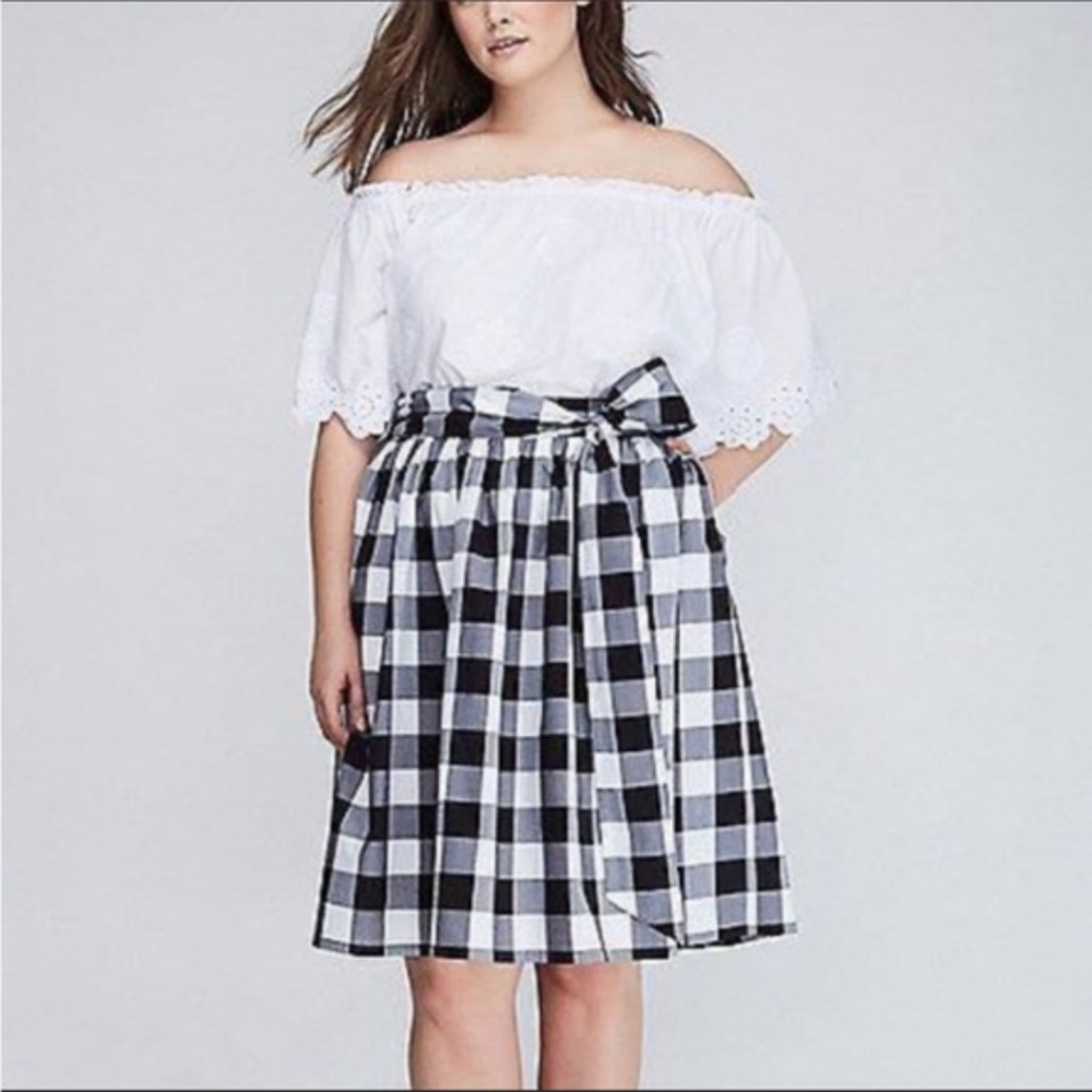 Lane Bryant Skirt Black White Gingham Plaid Full Picnic Midi Skirt Tie Waist